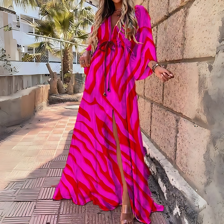 Damen-Boho-Maxikleid mit langen Ärmeln und Taillengürtel
