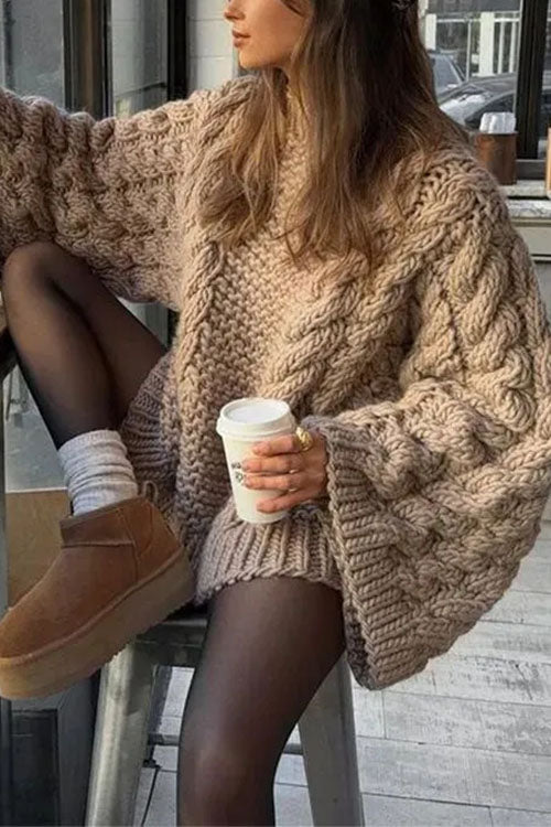 Damen Oversize-Pullover mit Rundhalsausschnitt und Zopfmuster