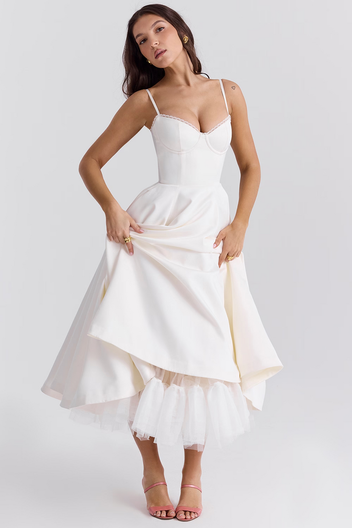 W&W Mode | A-linie Midi Kleid Spaghetti Träger Spitzen Detail Elegante Formelle Kleidung