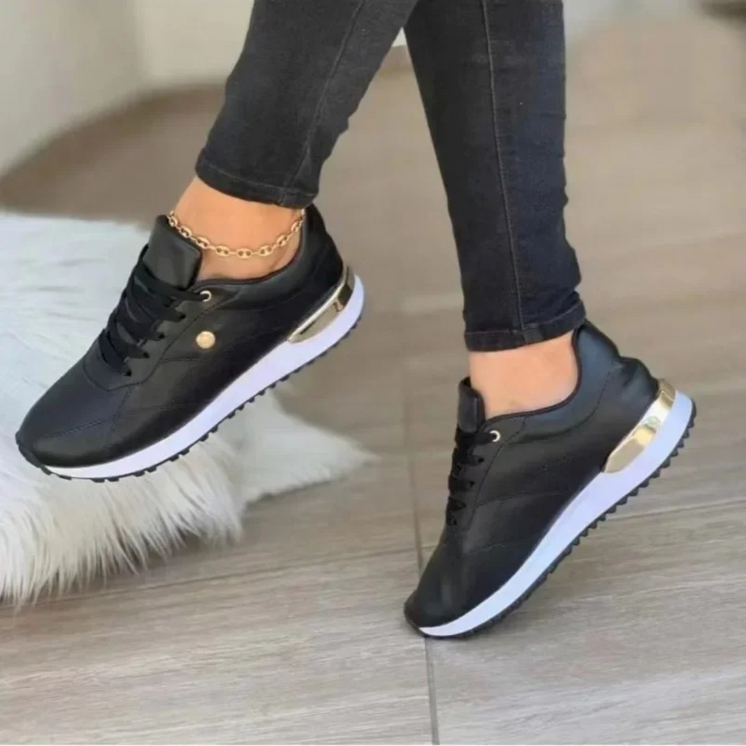 W&W Mode | Gold Leder atmungsaktive runde Zehen Damen Schuhe