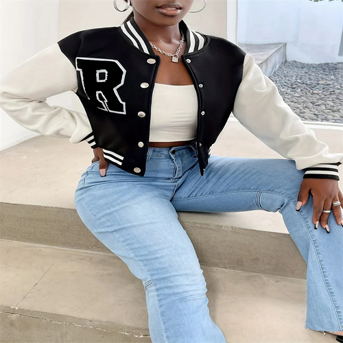 W&W Mode | Varsity Bomberjack Damen, Kurzes Modell mit Buchstabenpatch und Druckknopfverschluss