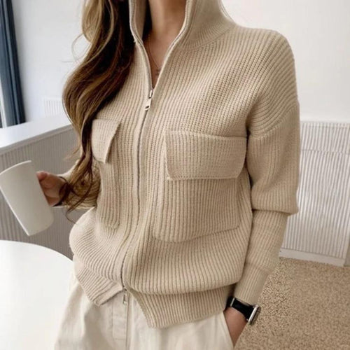 W&W Mode | Beige Einfarbig Langarm Pullover mit hohem Ausschnitt