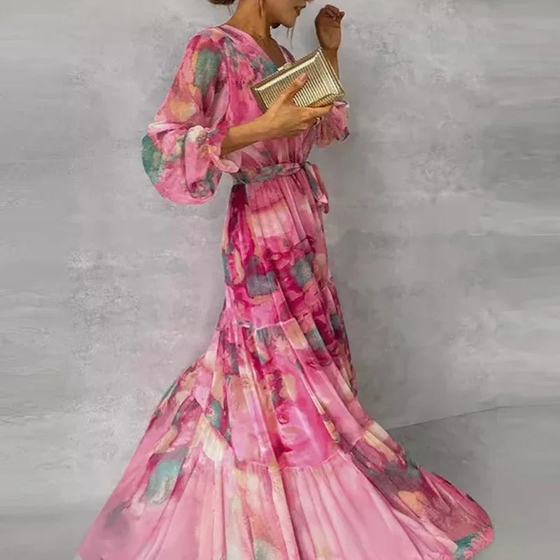 W&W Mode | Elegantes Langärmeliges Maxikleid mit Blumenmuster