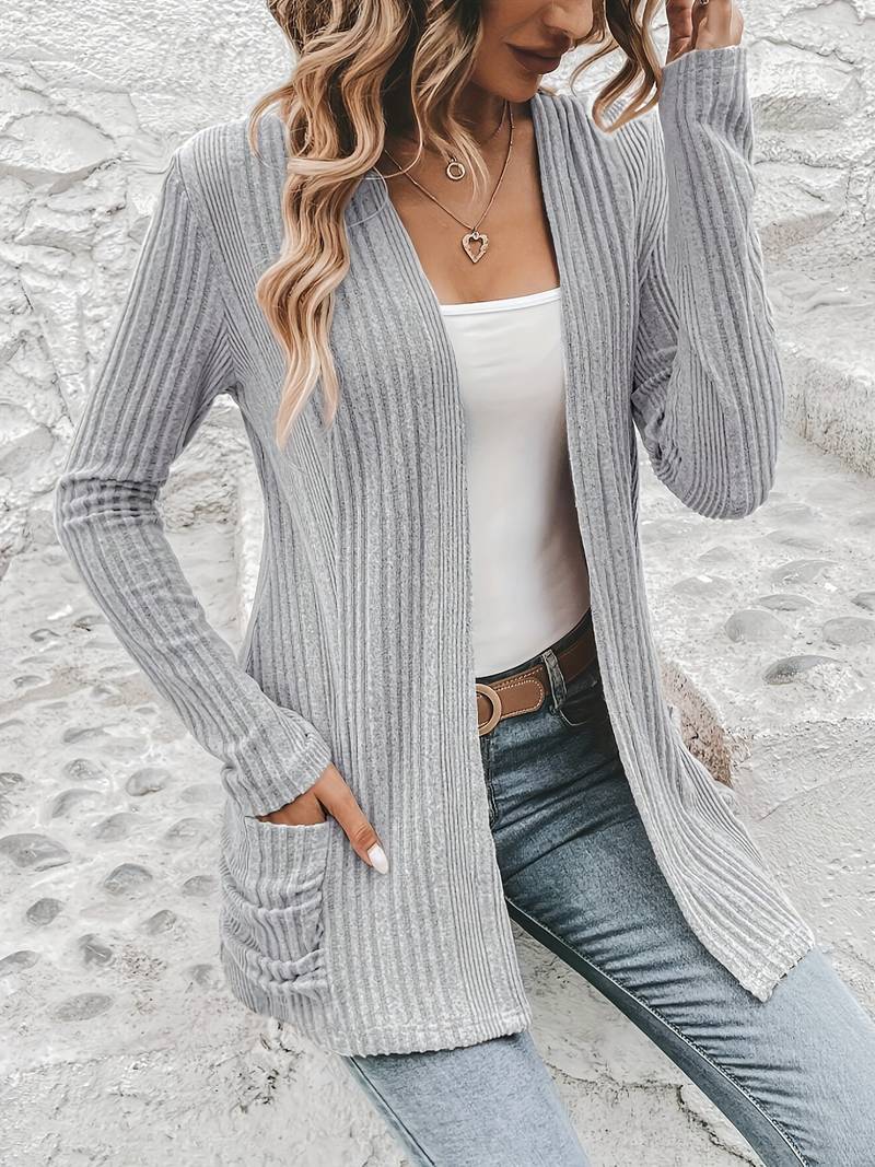 W&W Mode | Langärmliger Strickjacke Mit Offener Vorderseite Und Zwei Taschen