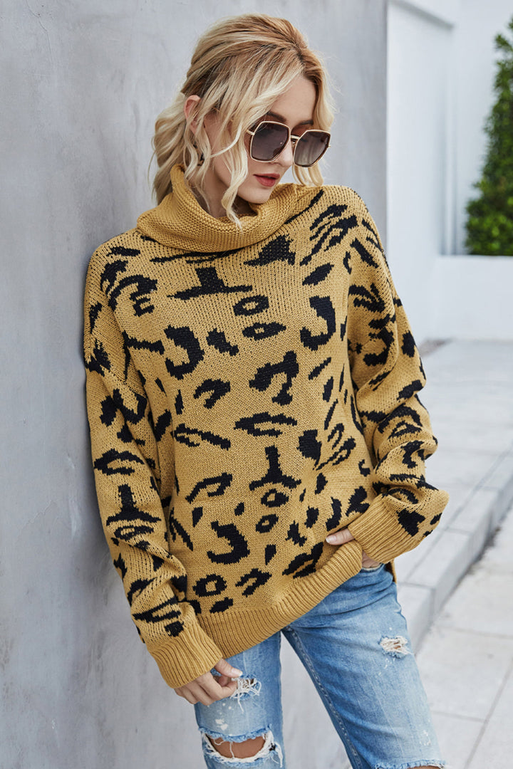 W&W Mode Lockere Leopardenmuster Umlegekragen Pullover