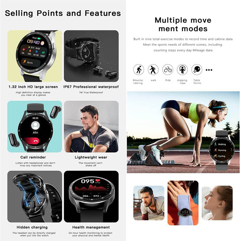 Smartwatch mit Bluetooth-Kopfhörern für iPhone und Android