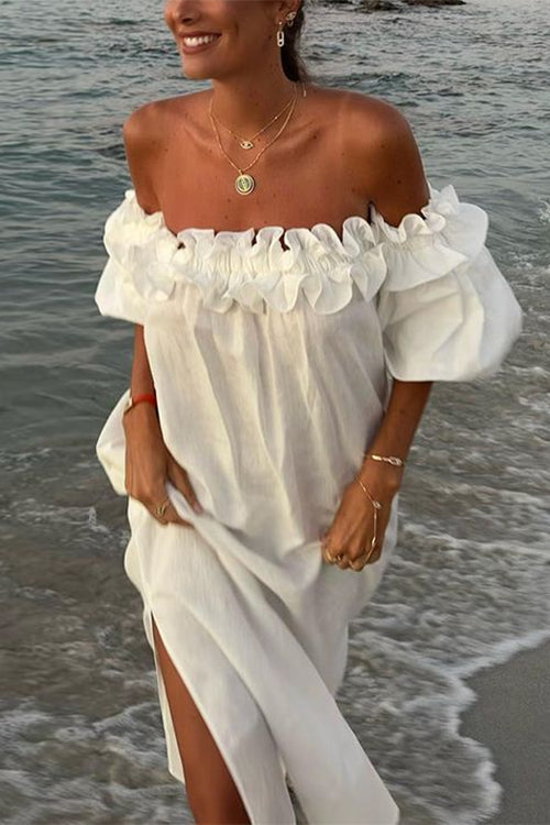 W&W Mode | Rosiedress Off Shoulder Rüsche Trim Schlitz Baumwolle Leinen Maxi Urlaub Kleid