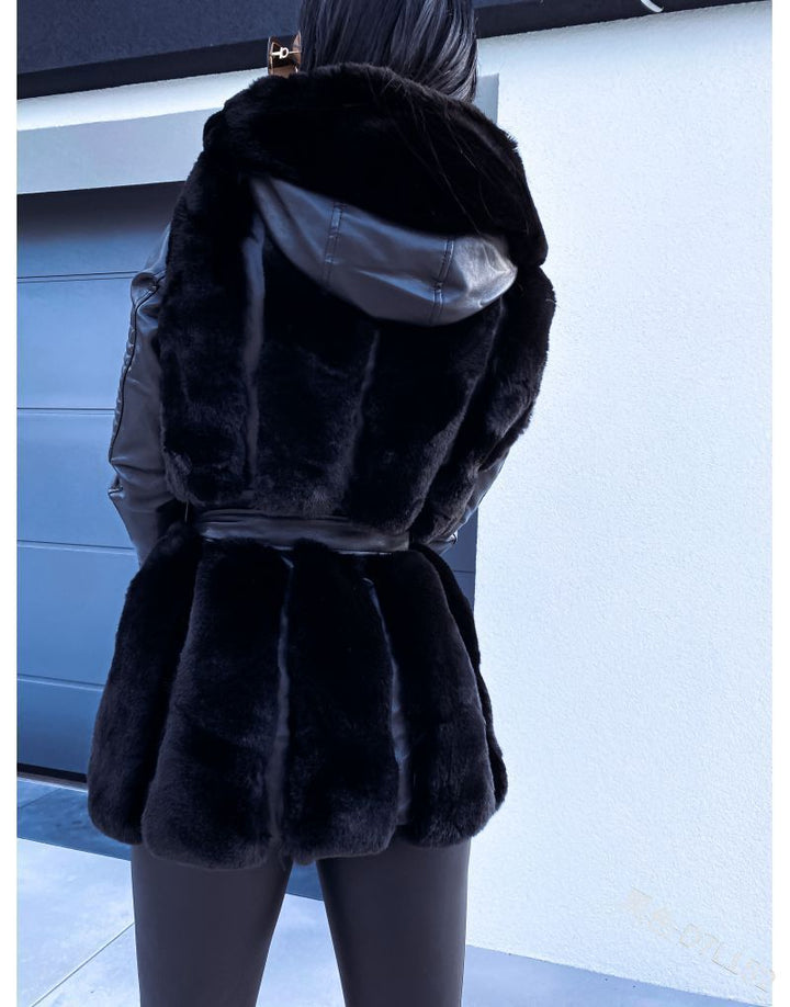 W&W Mode Stil Pelz Gürtel Gürtel Mit Kapuze Zipper Jacke für Damen