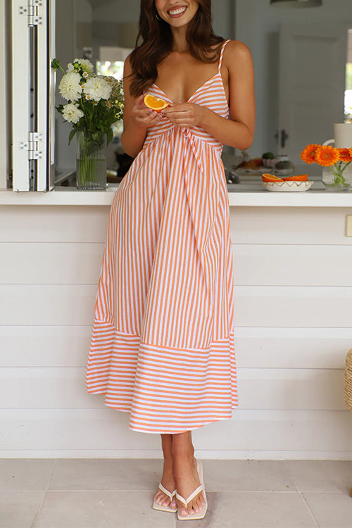 W&W Mode | Rosiedress V-Ausschnitt Schnürung Gestreiftes Midi Cami Kleid