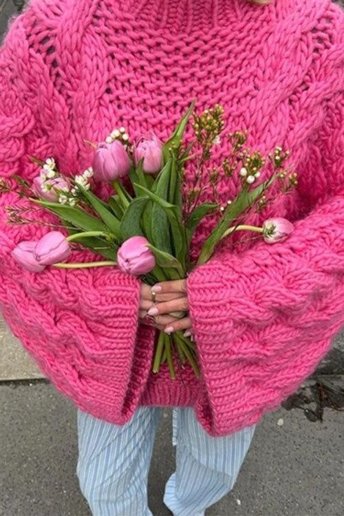 Damen Oversize-Pullover mit Rundhalsausschnitt und Zopfmuster
