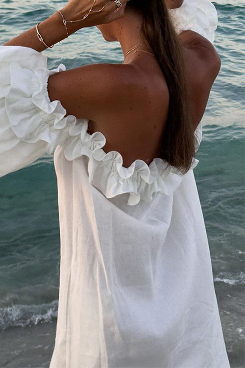 W&W Mode | Rosiedress Off Shoulder Rüsche Trim Schlitz Baumwolle Leinen Maxi Urlaub Kleid