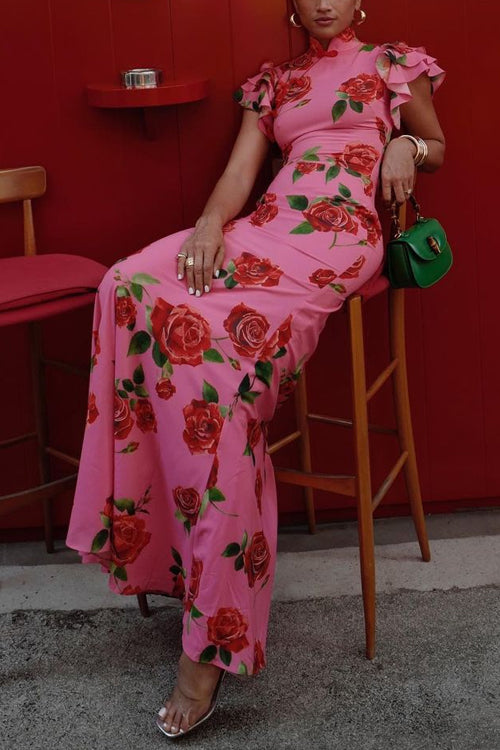 W&W Mode | Rüsch-Ärmeln Rosenmuster Maxi Cheongsam Kleid