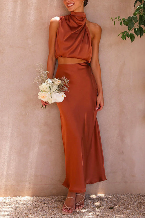 W&W Mode | Rosiedress Rollkragen ärmelloses Cropped Top Hochtaillierter Maxirock Satin Set
