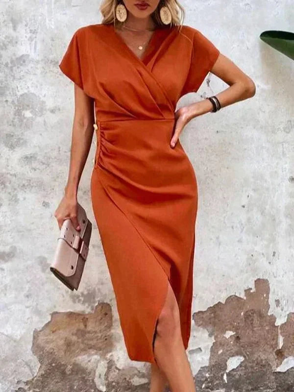 Damen orangefarbenes Midikleid mit V-Ausschnitt