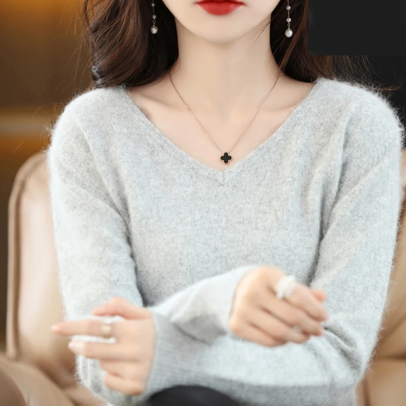 W&W Mode | Cashmere Pullover Damen V-ausschnitt Leichter und Weicher Strickpullover