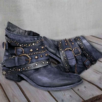 W&W Mode | Damen Abgelebte Leder Ankle Boots, Mehrere Riemen mit Schnallen, Western Stil