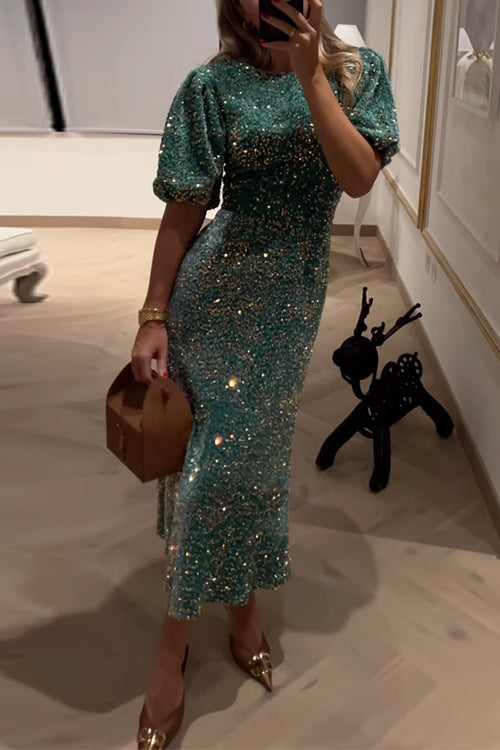 W&W Mode | Puff Kurzarm Tailliertes Pailletten Midi Partykleid