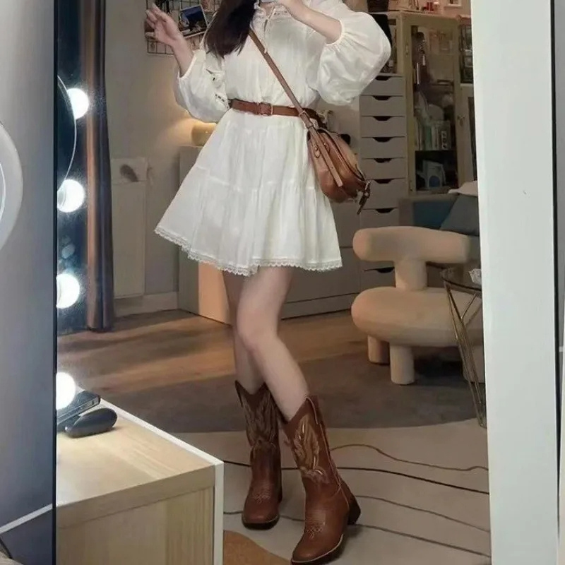 W&W Mode | Western Stil Stiefel Damen mit Spitzem Kopf und Blockabsatz, Cowboy Stiefel Damen