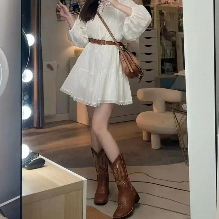 W&W Mode | Western Stil Stiefel Damen mit Spitzem Kopf und Blockabsatz, Cowboy Stiefel Damen