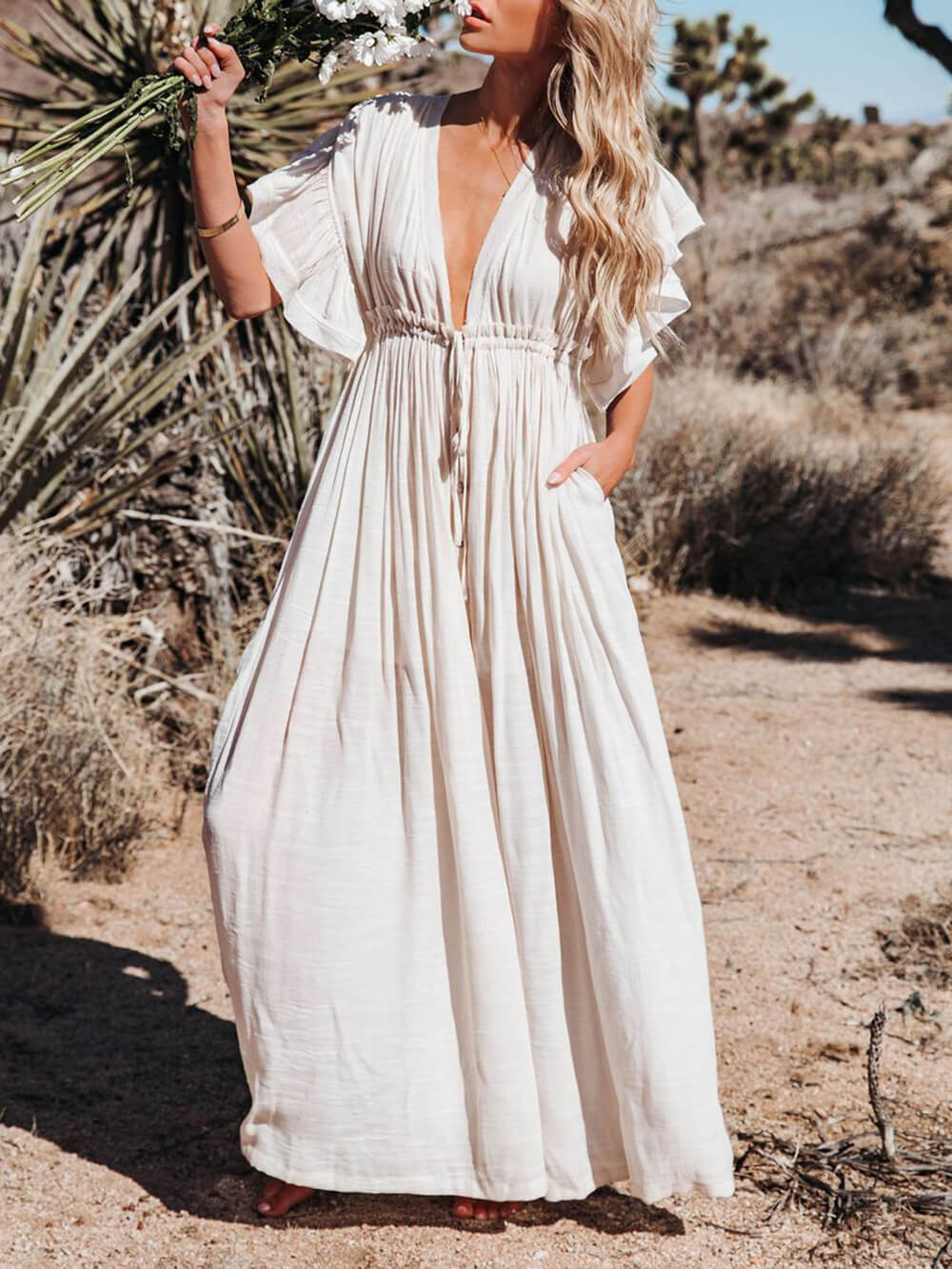 W&W Mode | Stil Maxi Kleid mit Flatterärmeln für Frauen