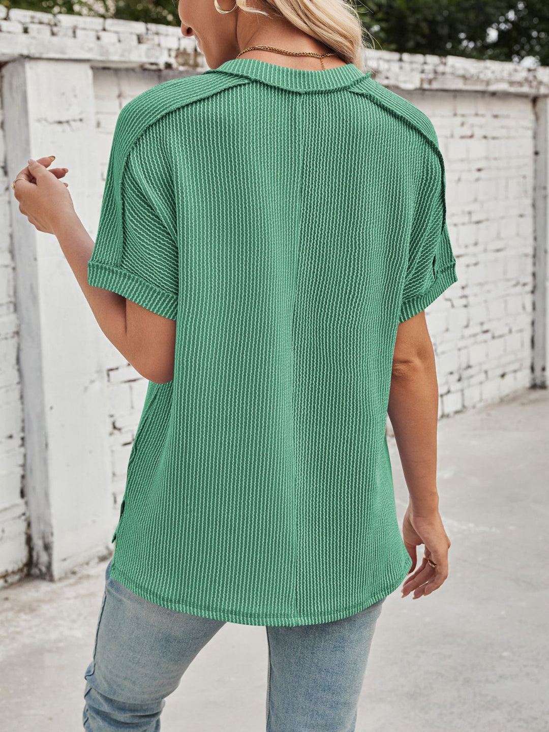 W&W Mode | Cord-Ripp V-Ausschnitt Kurzarm T-Shirt