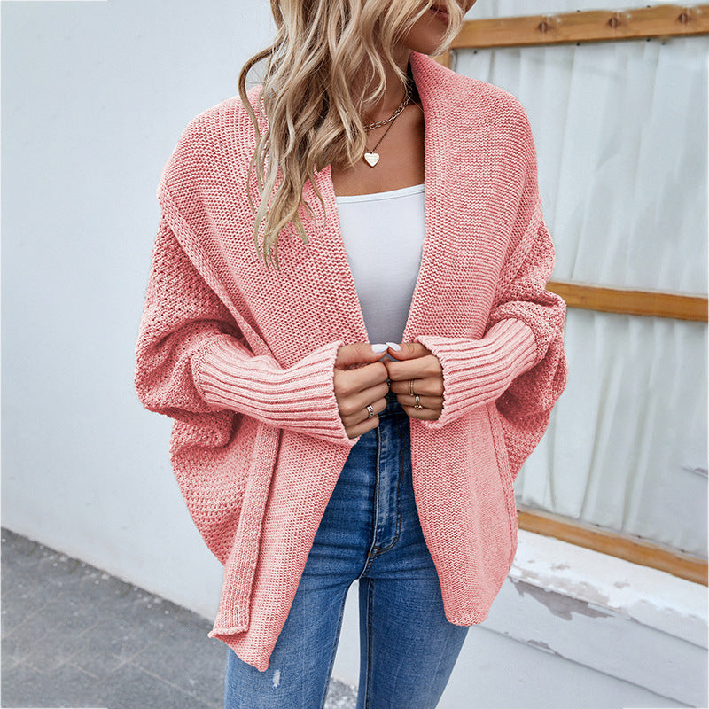 W&W Mode | gestrickte Damenjacke - lockere Passform mit großem Kragen und Fledermausärmeln
