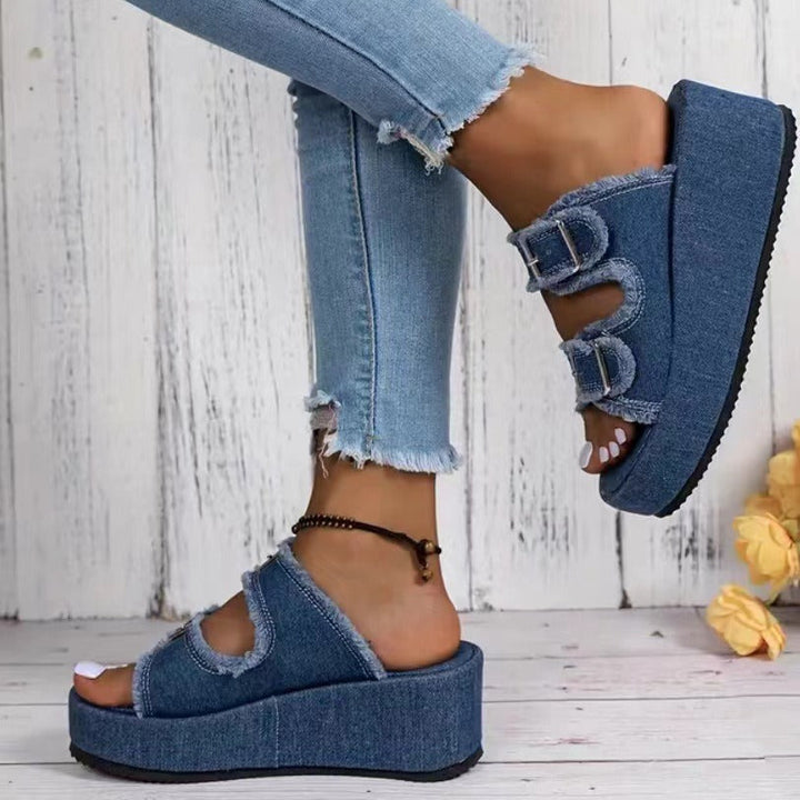 W&W Mode Denim-Sandalen mit Schnalle
