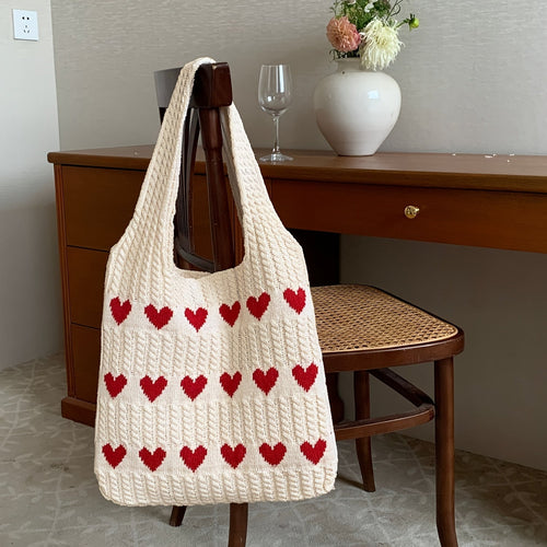 Damen-Strick-Shopper mit Herzmotiv und offenem Design
