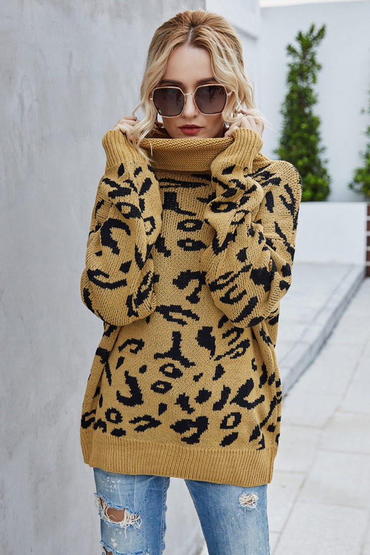 W&W Mode Lockere Leopardenmuster Umlegekragen Pullover