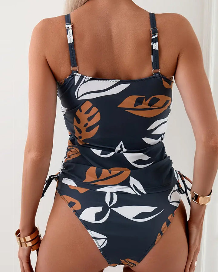 Tankini-Badeanzug mit Blattmuster, gerafftem Design und Kordelzug
