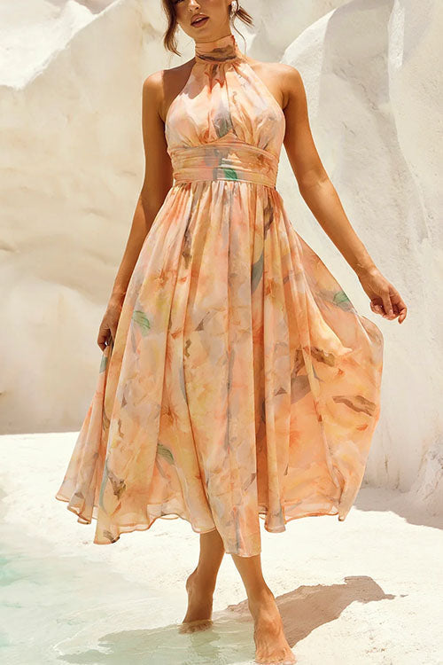W&W Mode | Halter Bow Neck Backless Beck Print Swing Maxi Kleid