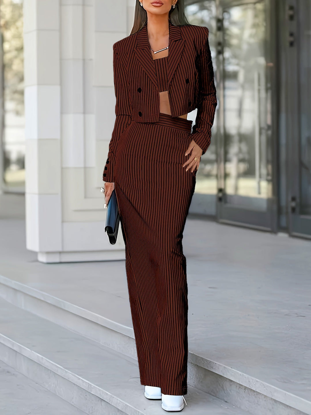 W&W Mode | Lässig Gestreiftes Muster Dreiteilig Blazer Satz