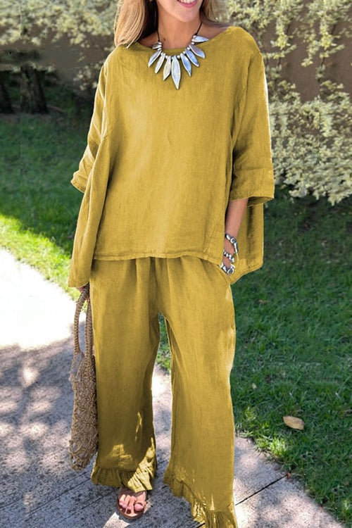 W&W Mode | Rosiedress Baumwolle Leinen 3/4 Ärmel Pullover Top Weite Hose Rüschen Saum Set