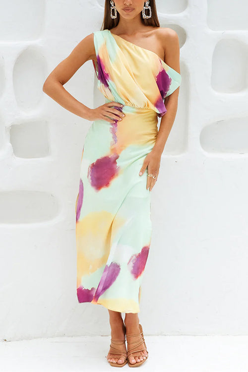 W&W Mode | Asymmetrisches Schulter Tailliertes Batik Schlitz Maxikleid