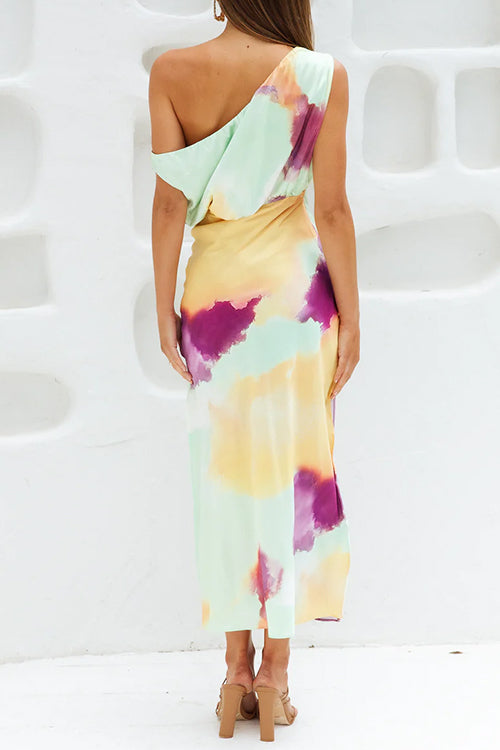 W&W Mode | Asymmetrisches Schulter Tailliertes Batik Schlitz Maxikleid