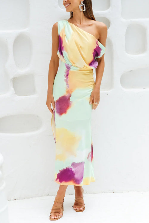 W&W Mode | Asymmetrisches Schulter Tailliertes Batik Schlitz Maxikleid