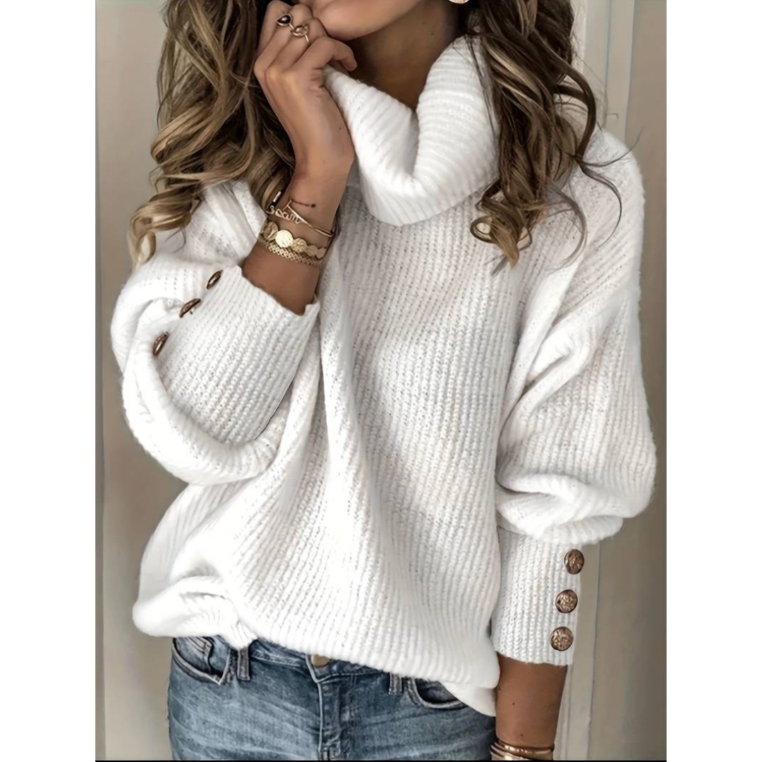 W&W Mode - Damen Pullover mit Knopfärmeln und Rollkragen