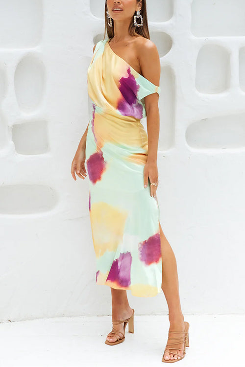 W&W Mode | Asymmetrisches Schulter Tailliertes Batik Schlitz Maxikleid