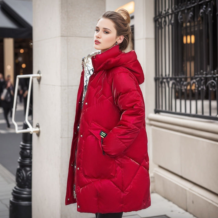 Damen-Winterjacke aus Polyester mit glänzender Oberfläche und lockerem Schnitt