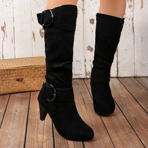 W&W Mode | Damen Knielange Stiefel mit Reißverschluss und Schnalle Stilvolle Hohe Stiefel