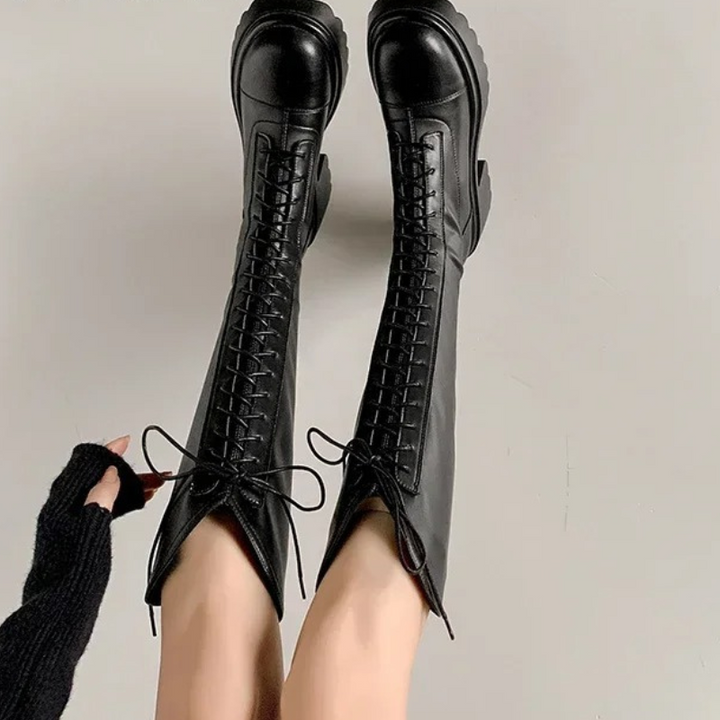 Damen hohe Stiefel mit Schnürung und robustem Absatz