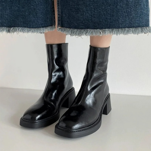 Damen-Leder-Ankle-Boots mit Blockabsatz