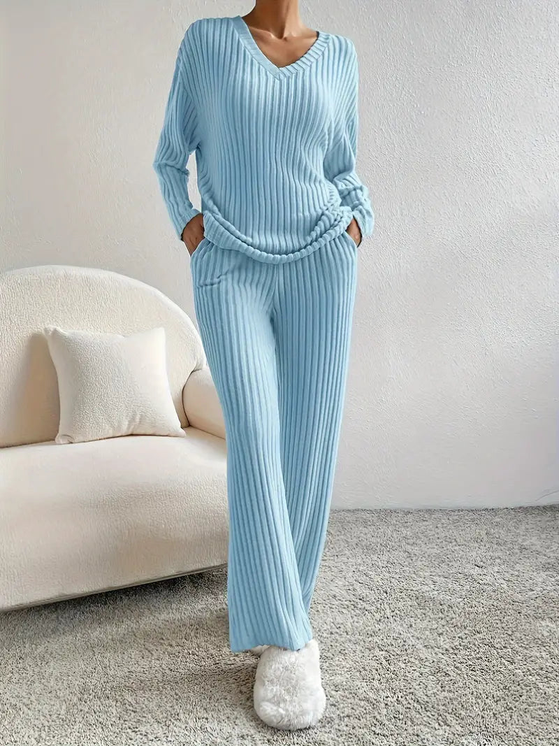 W&W Mode 2-teiliges Set | Eleganter gerippter Damenanzug mit V-Ausschnitt-Pullover und passender Hose