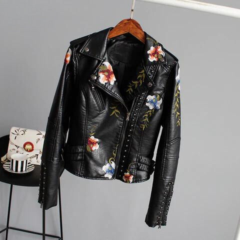 W&W Mode | Lederjacke mit Blumenstickerei