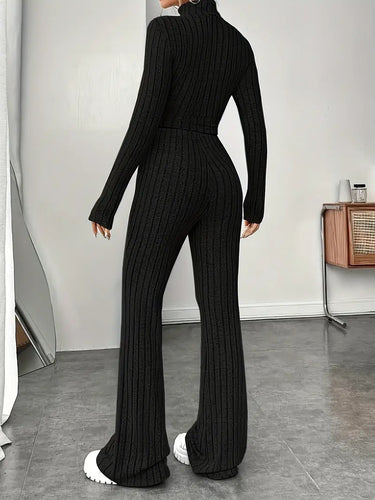 W&W Mode | Stilvolle Winter Chic Schwarzes Zweiteiliges Strickset Für Frauen