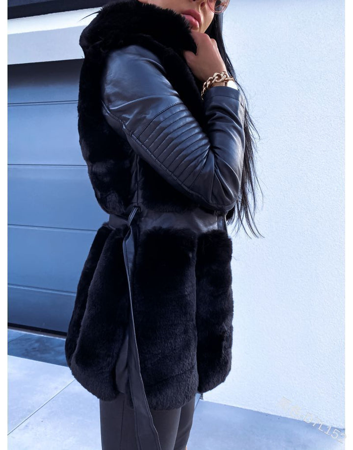W&W Mode Stil Pelz Gürtel Gürtel Mit Kapuze Zipper Jacke für Damen