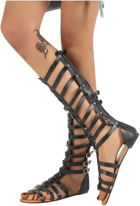 Damen-Gladiatorensandalen bis zum Knie mit Doppelschnallen