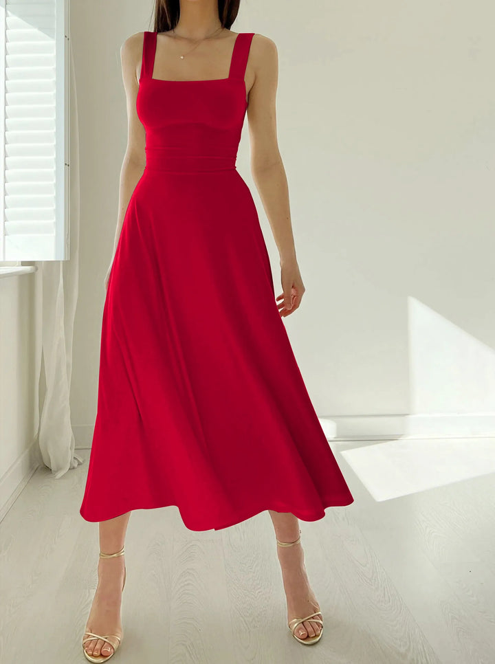 Damen Midikleid mit breiten Trägern, quadratischem Ausschnitt und Korsett-Taille