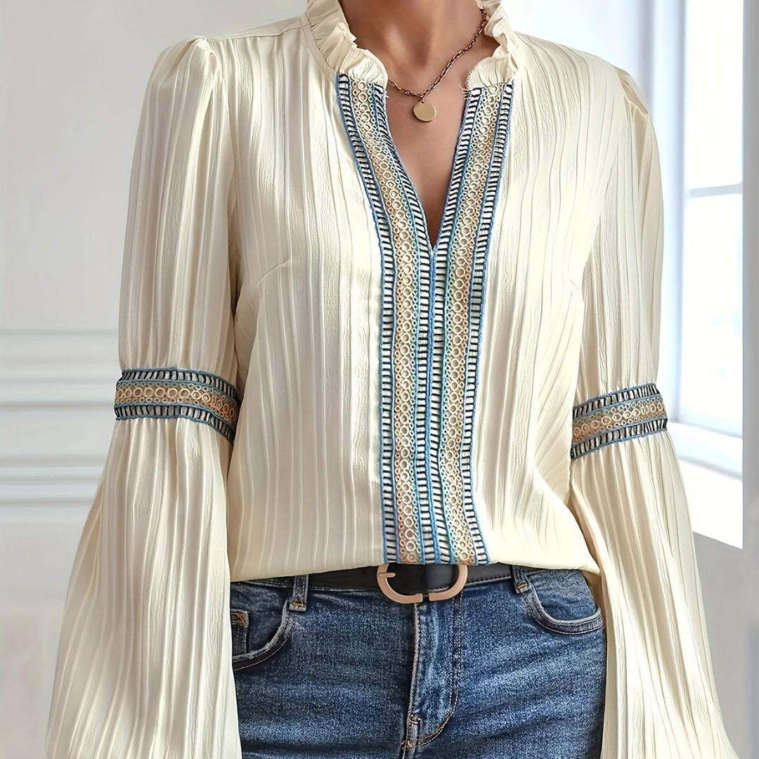 W&W Mode Spitzen-Patchwork-Shirt mit V-Ausschnitt