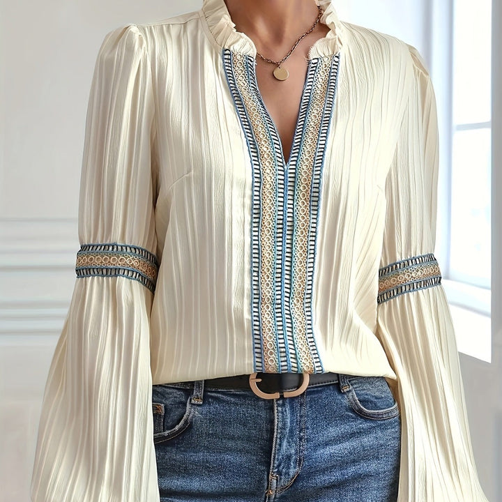 W&W Mode Spitzen-Patchwork-Shirt mit V-Ausschnitt